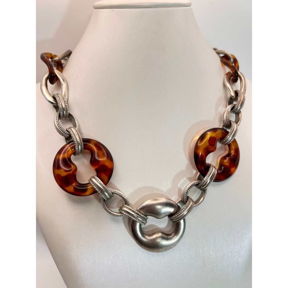 Chicos Necklace Womens OS Brown Silver Good Tortoise Resin Chunky Link Statement